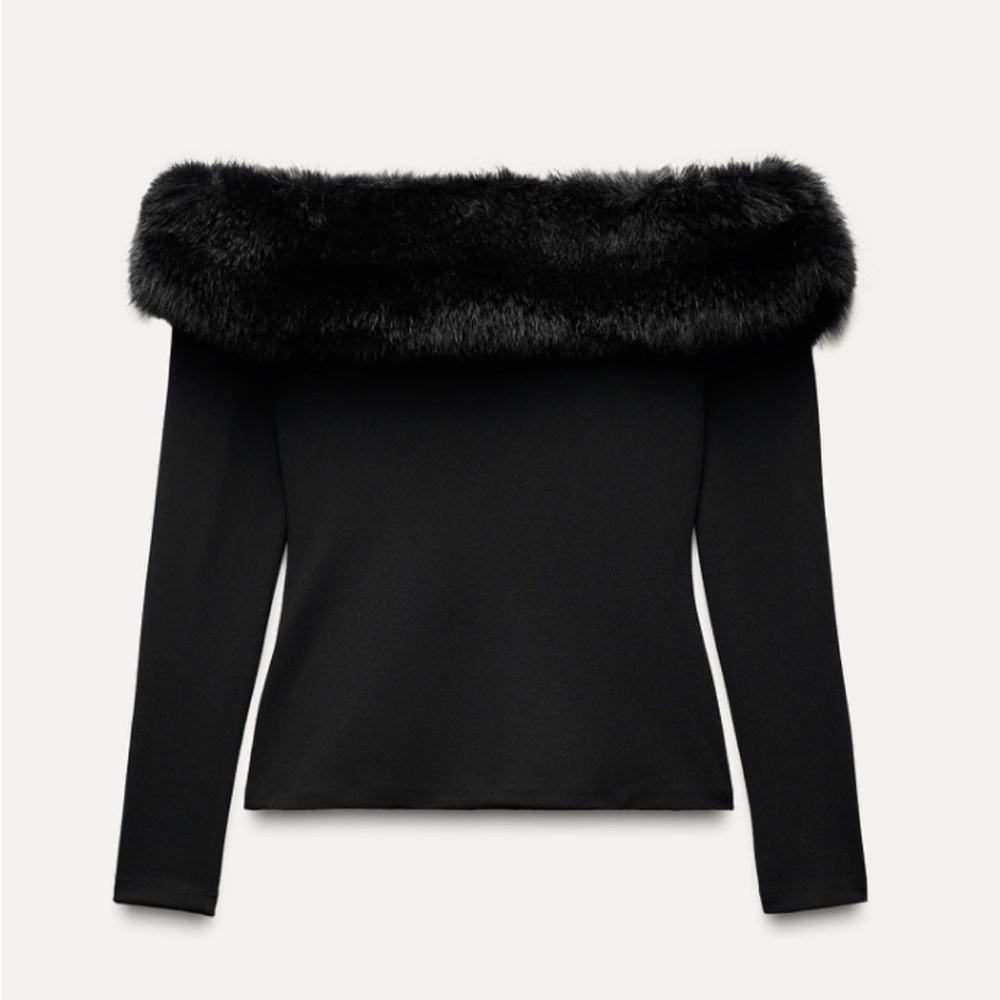 New Women's Black Faux Fur Boat neck Long Sleeve Pull On Sweater